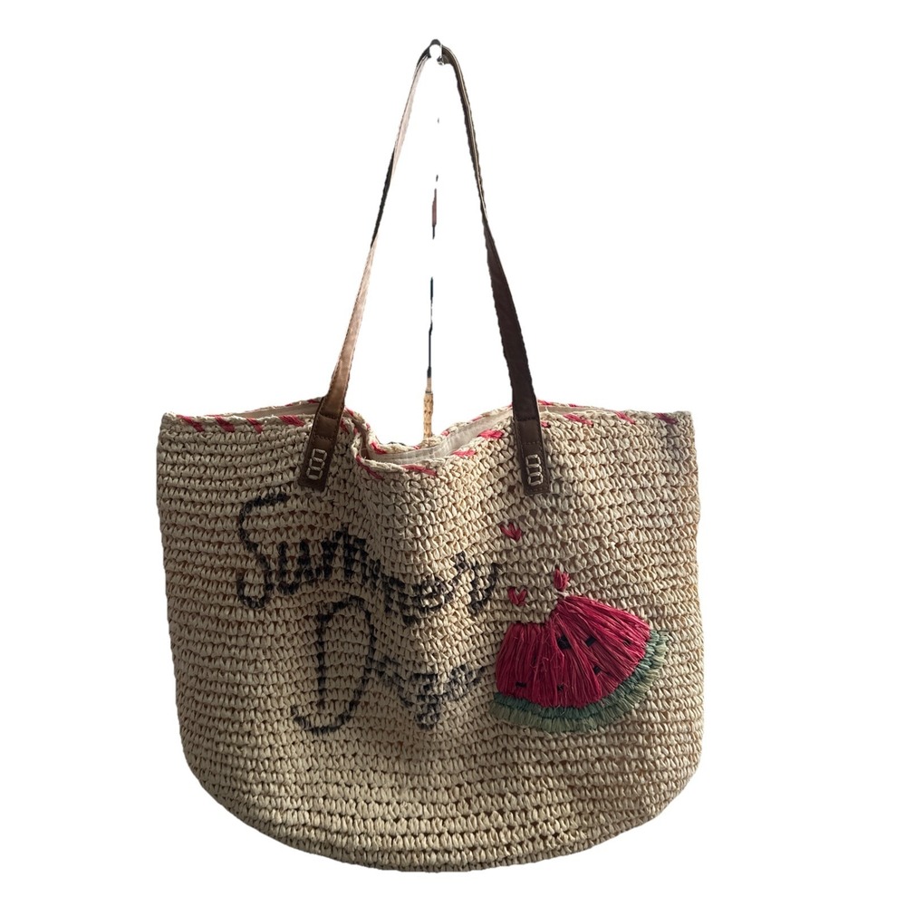 Nordstrom Summer Daze large Straw shoulder tote bag purse Watermelon Hula Skirt